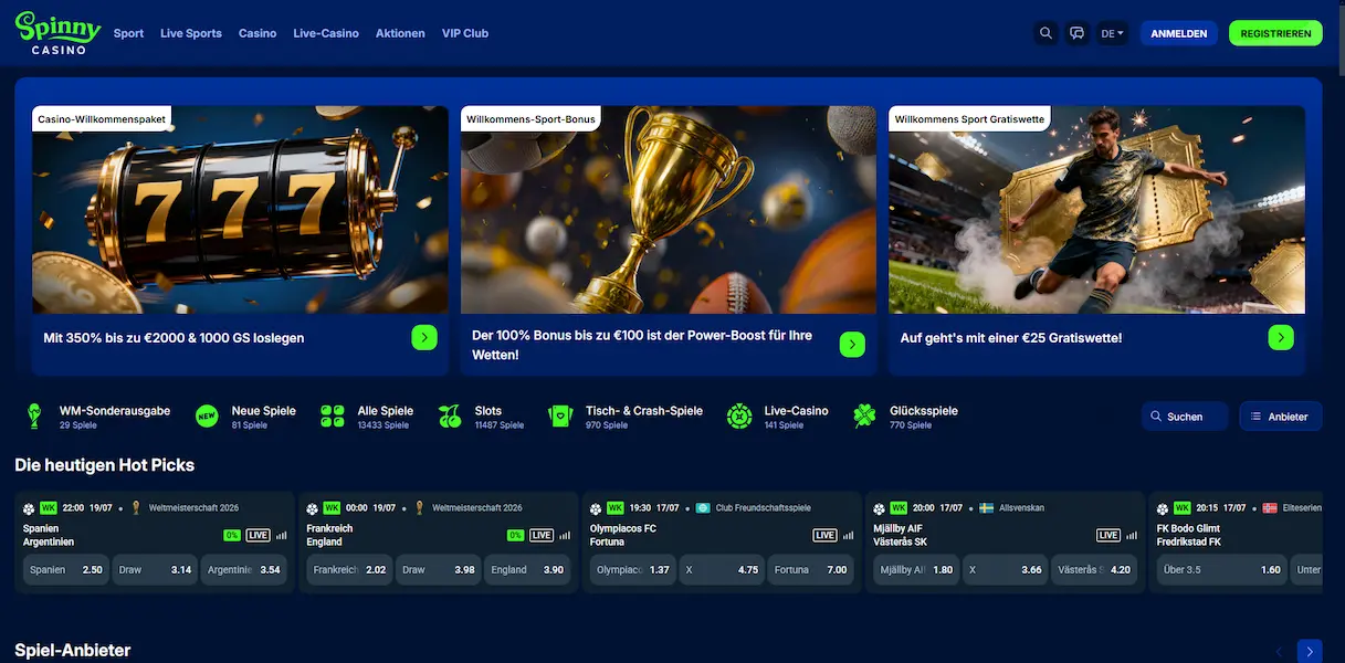 Startseite und Spiellobby von Spinny Casino