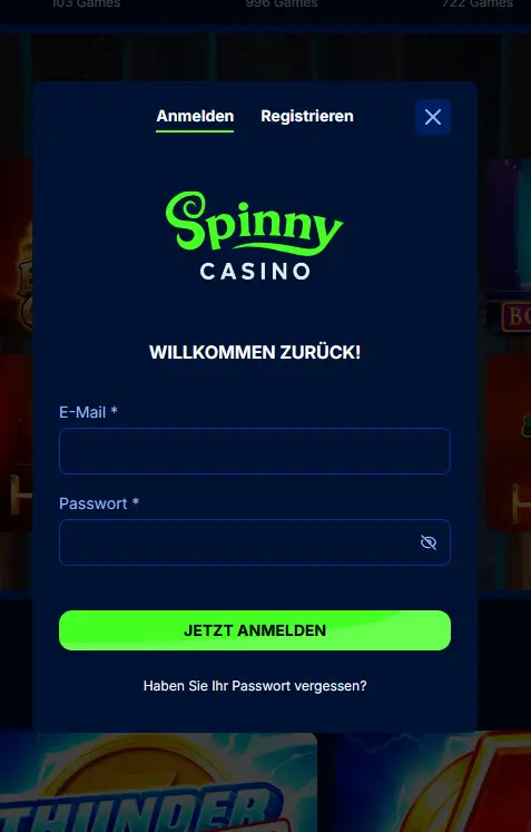 Anmeldemaske von Spinny Casino