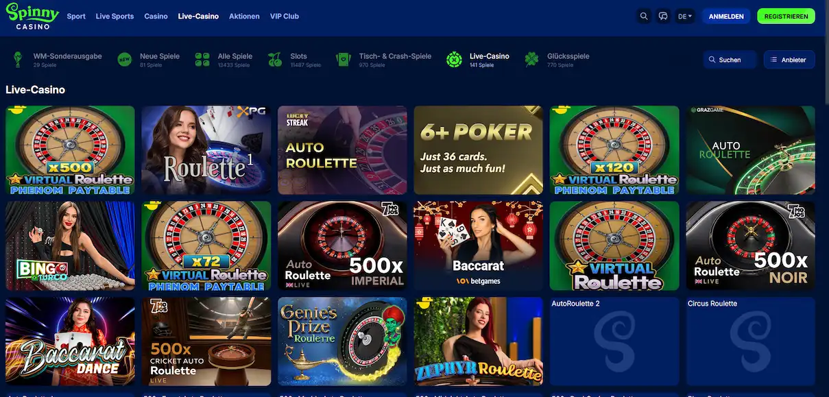 Live-Casino-Lobby von Spinny Casino