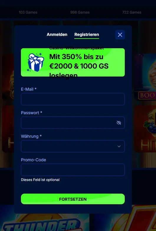 Registrierungsformular von Spinny Casino