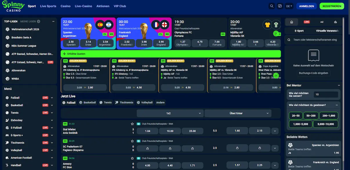 Sportwetten-Bereich von Spinny Casino